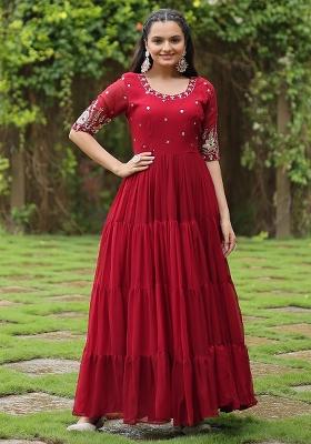 Maroon Embroidered Faux Blooming Anarkali Dress