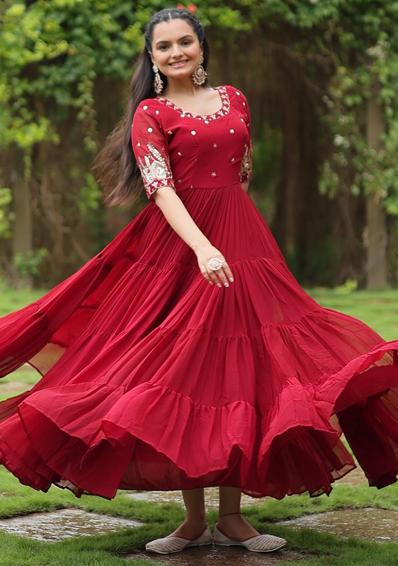 Maroon Embroidered Faux Blooming Anarkali Dress - Indya