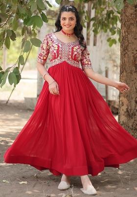 Red Embroidered Faux Blooming Anarkali Dress
