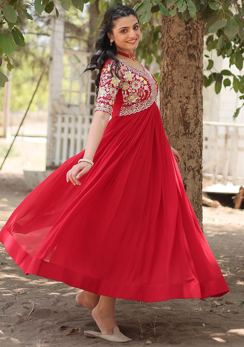 Red Embroidered Faux Blooming Anarkali Dress - Indya