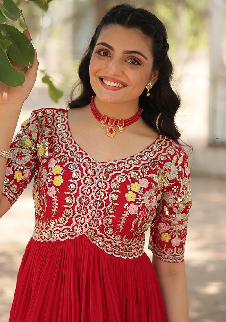Red Embroidered Faux Blooming Anarkali Dress - Indya