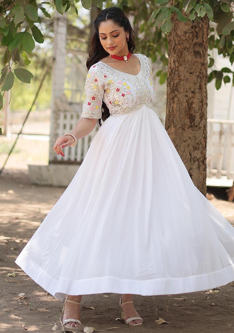 White Embroidered Faux Blooming Anarkali Dress - Indya