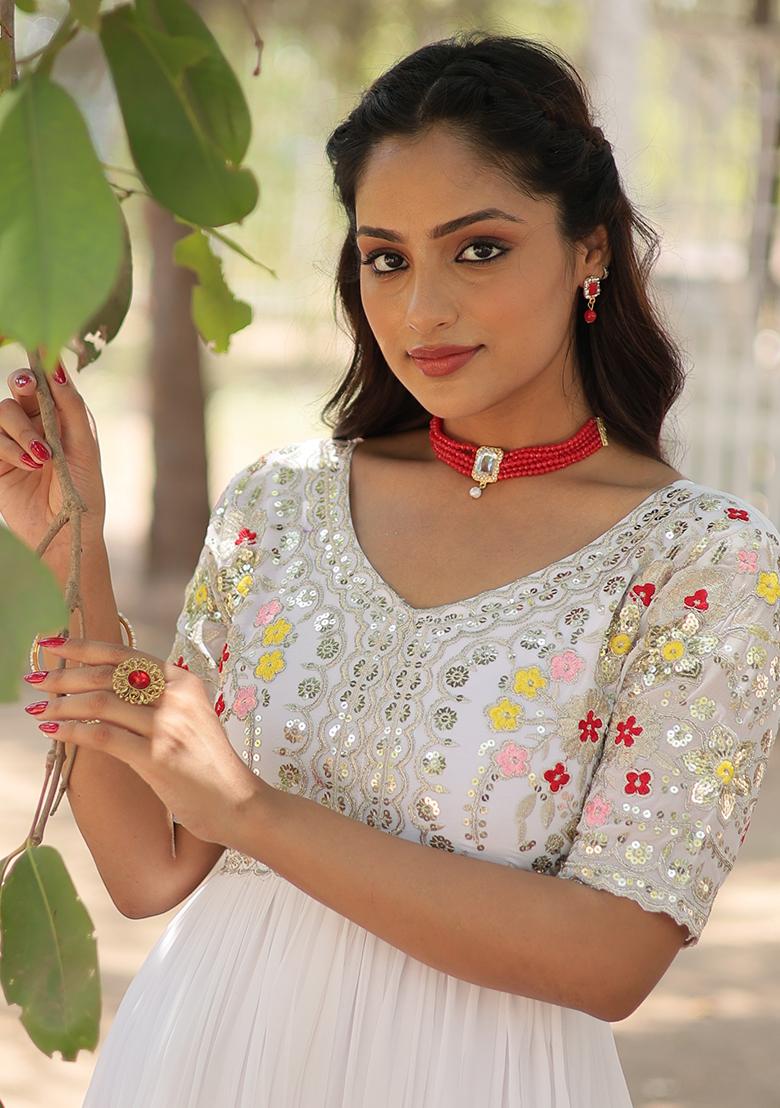 White Embroidered Faux Blooming Anarkali Dress - Indya