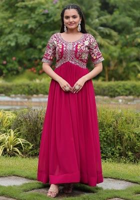 Rani Pink Embroidered Faux Blooming Anarkali Dress