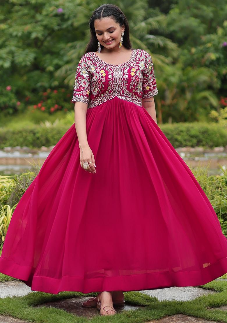 Rani Pink Embroidered Faux Blooming Anarkali Dress - Indya