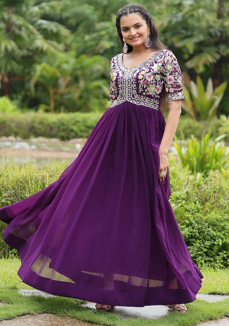 Purple Embroidered Faux Blooming Anarkali Dress - Indya
