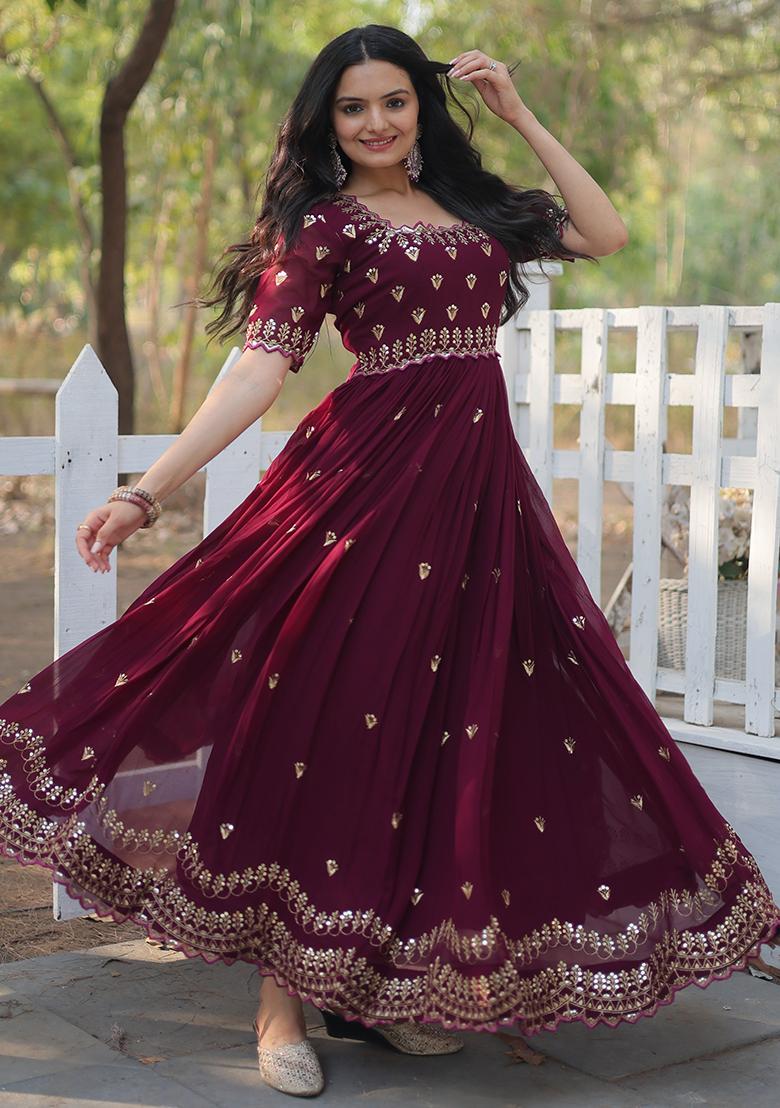 Maroon Embroidered Faux Blooming Anarkali Dress - Indya