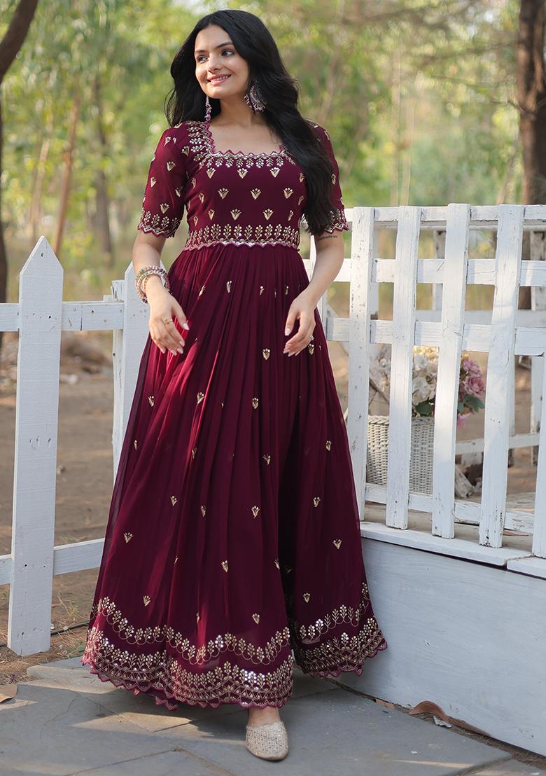 Maroon Embroidered Faux Blooming Anarkali Dress - Indya