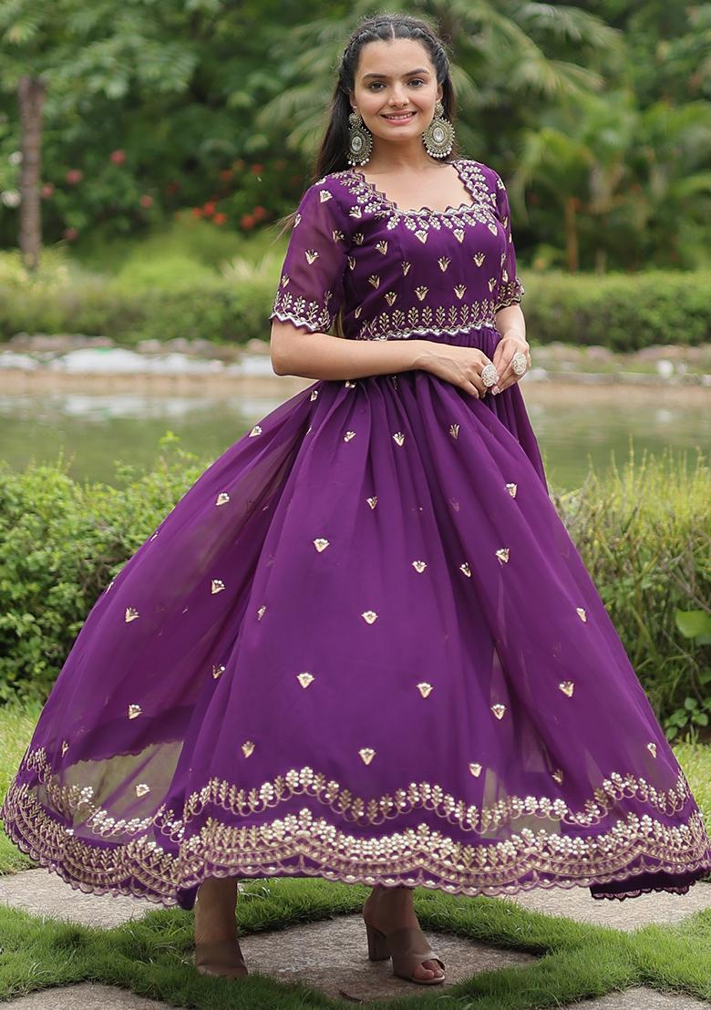Purple Embroidered Faux Blooming Anarkali Dress - Indya