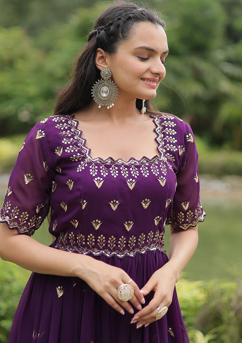 Purple Embroidered Faux Blooming Anarkali Dress - Indya