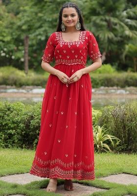 Red Embroidered Faux Blooming Anarkali Dress