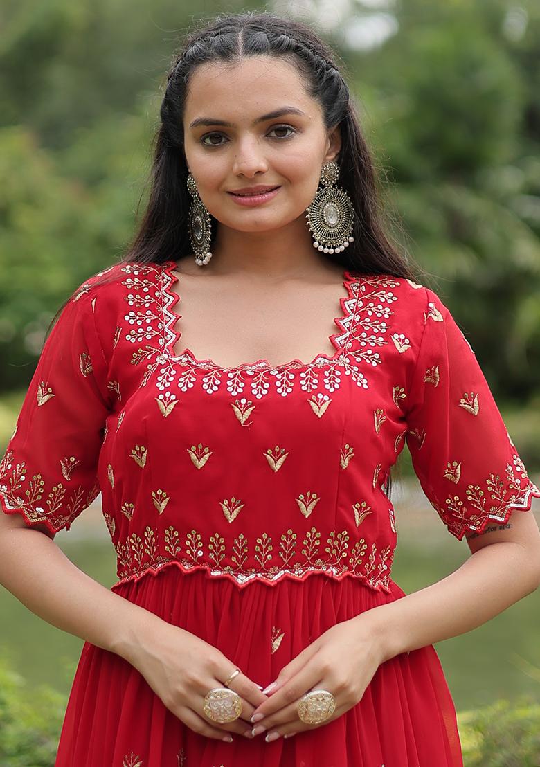 Red Embroidered Faux Blooming Anarkali Dress - Indya