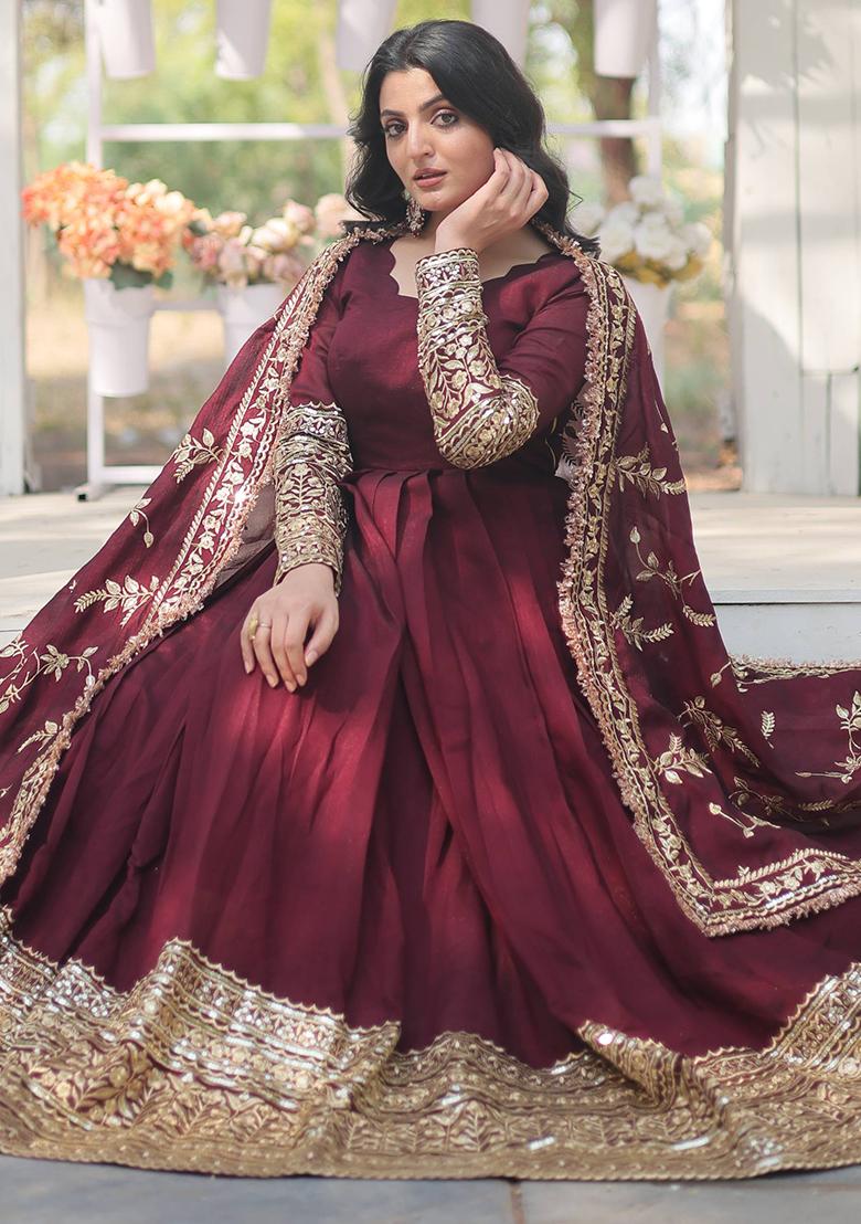 Maroon Embroidered Vichitra Shimmer Anarkali Dress - Indya
