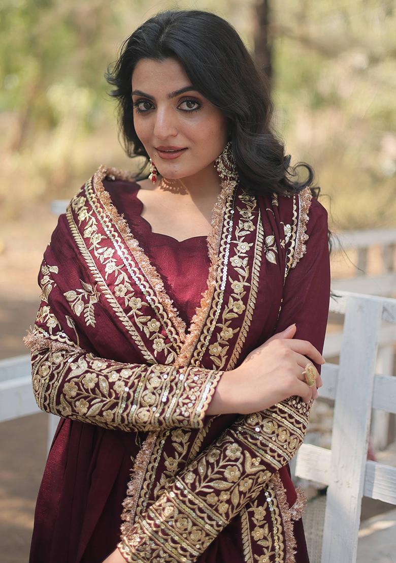 Maroon Embroidered Vichitra Shimmer Anarkali Dress - Indya