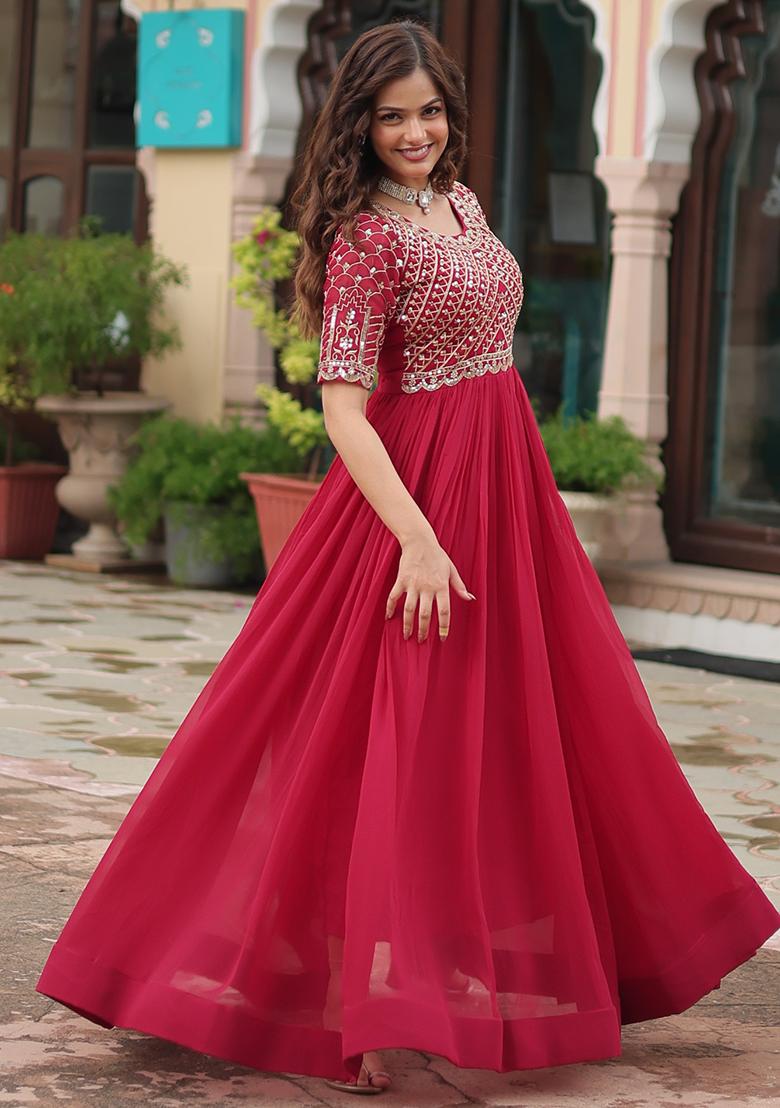 Pink Embroidered Faux Blooming Anarkali Dress - Indya