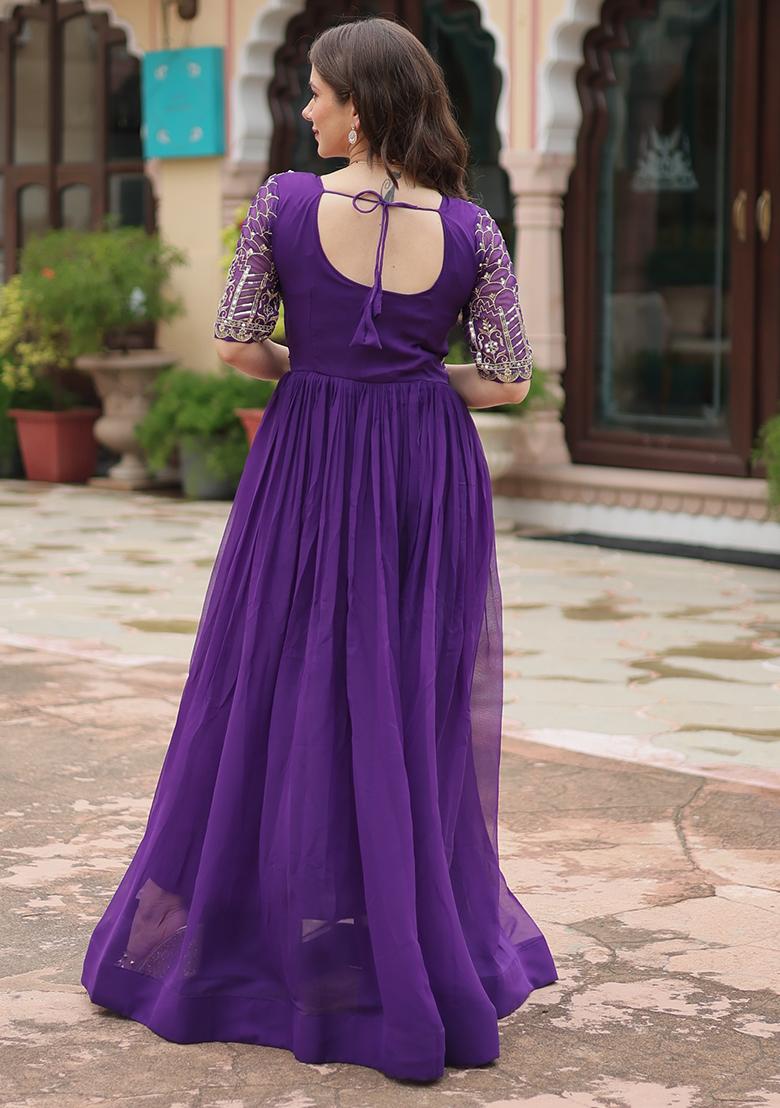 Purple Embroidered Faux Blooming Anarkali Dress - Indya