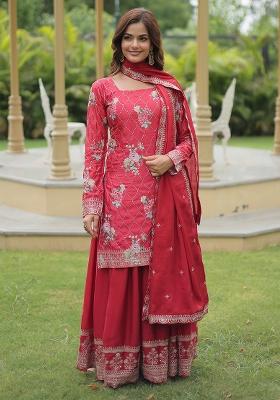Maroon Embroidered Chinon Sharara Set With Dupatta
