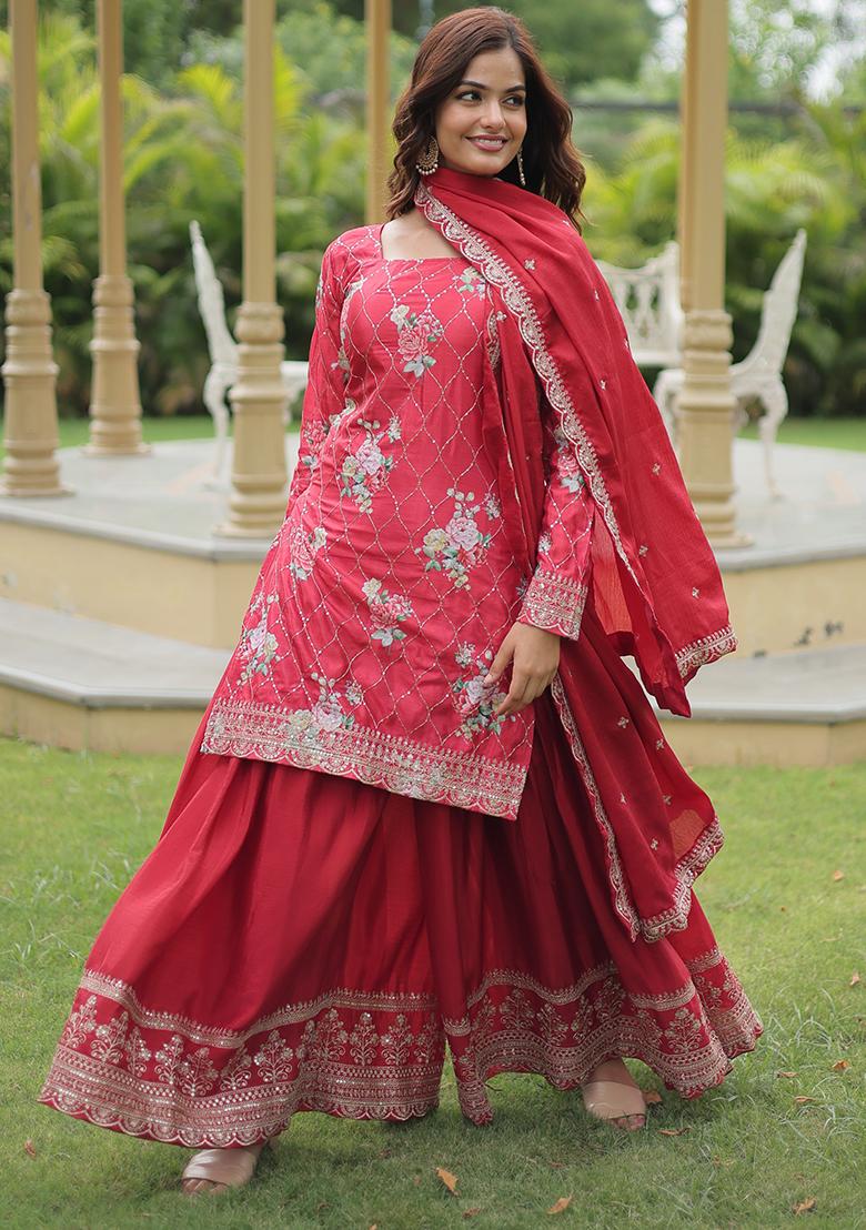 Maroon Embroidered Chinon Sharara Set With Dupatta - Indya