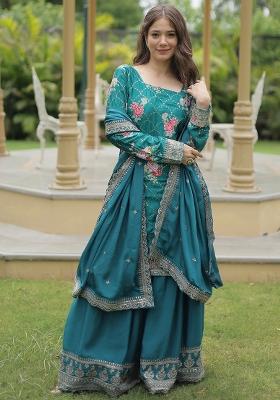Rama Embroidered Chinon Sharara Set With Dupatta
