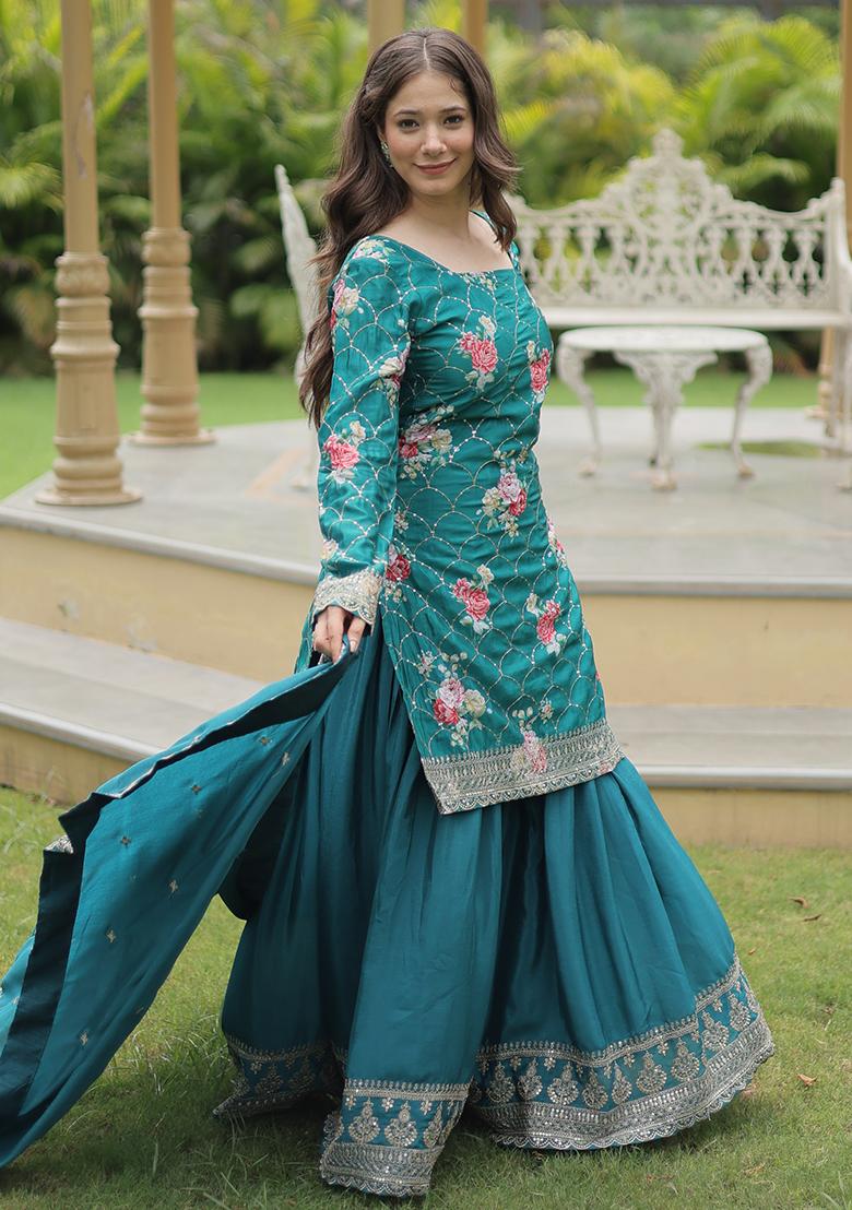 Rama Embroidered Chinon Sharara Set With Dupatta - Indya