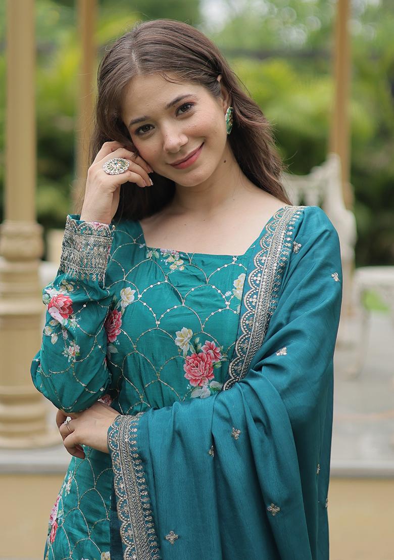 Rama Embroidered Chinon Sharara Set With Dupatta - Indya