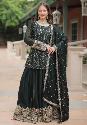 Bottle Green Embroidered Rangoli Silk Sharara Set With Dupatta