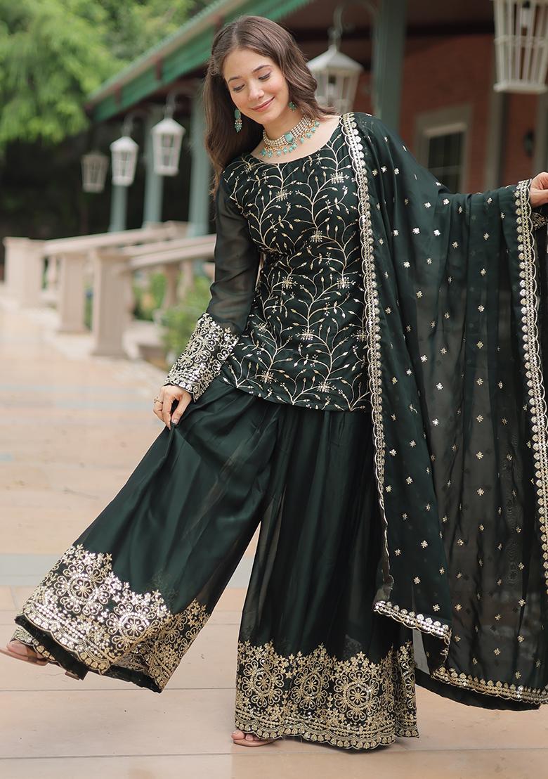 Bottle Green Embroidered Rangoli Silk Sharara Set With Dupatta - Indya