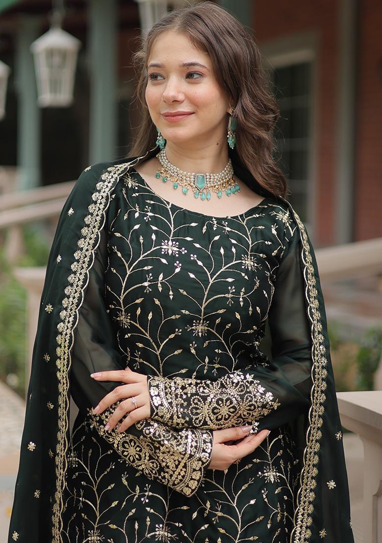 Bottle Green Embroidered Rangoli Silk Sharara Set With Dupatta - Indya