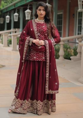 Maroon Embroidered Rangoli Silk Sharara Set With Dupatta