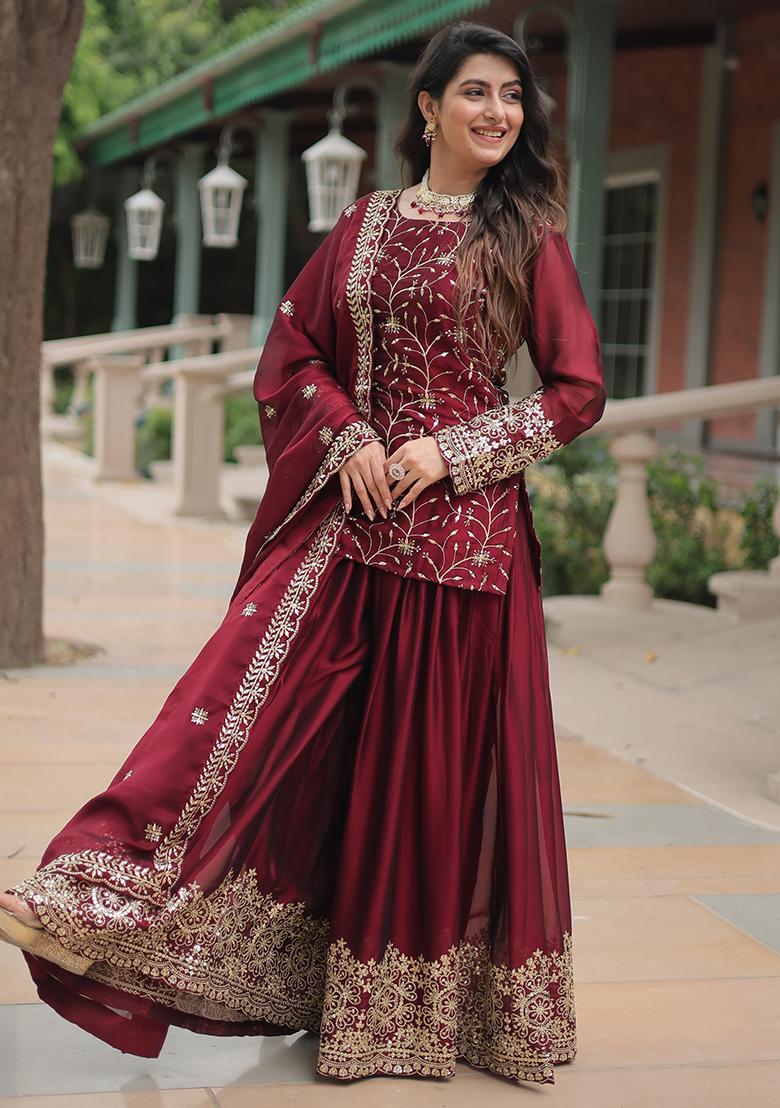 Maroon Embroidered Rangoli Silk Sharara Set With Dupatta - Indya