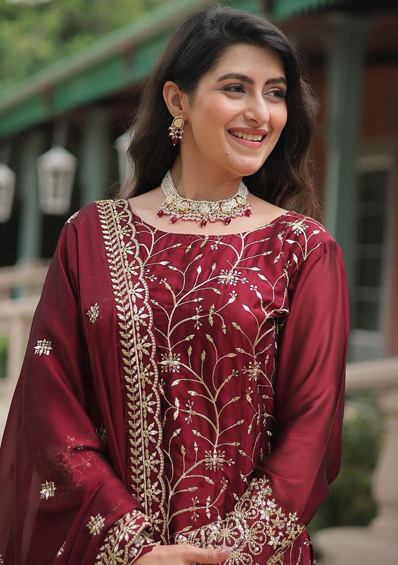 Maroon Embroidered Rangoli Silk Sharara Set With Dupatta - Indya