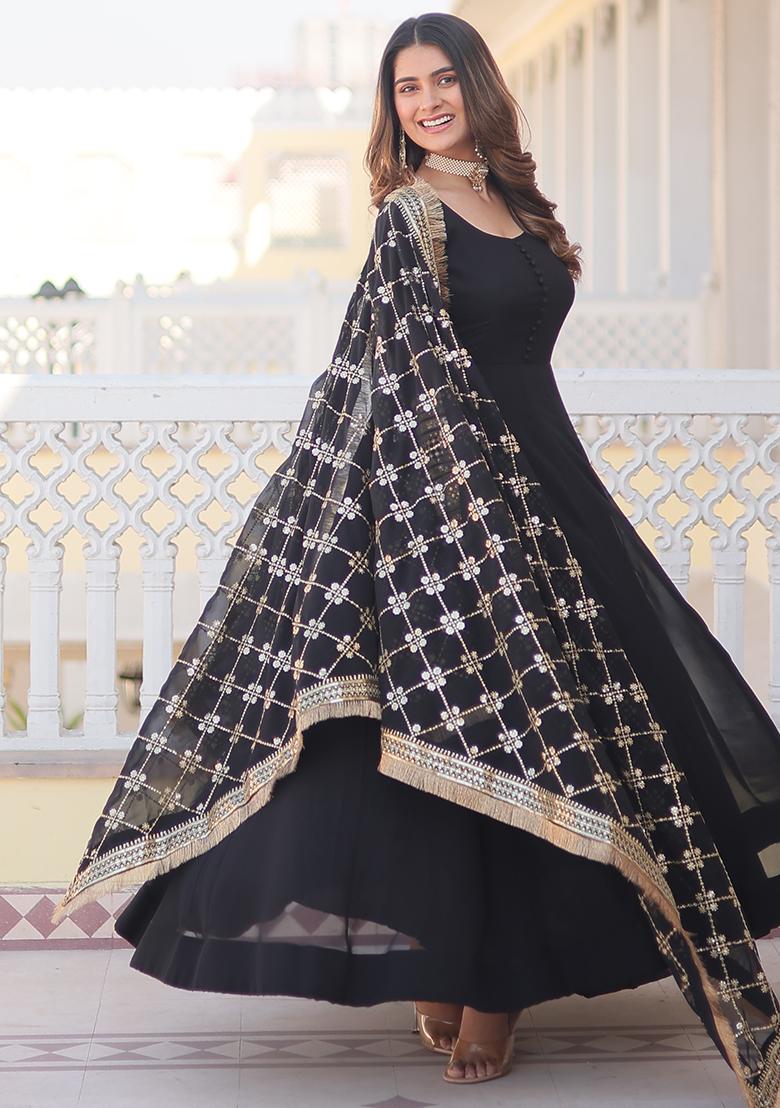 Black Embroidered Faux Blooming Anarkali Dress - Indya