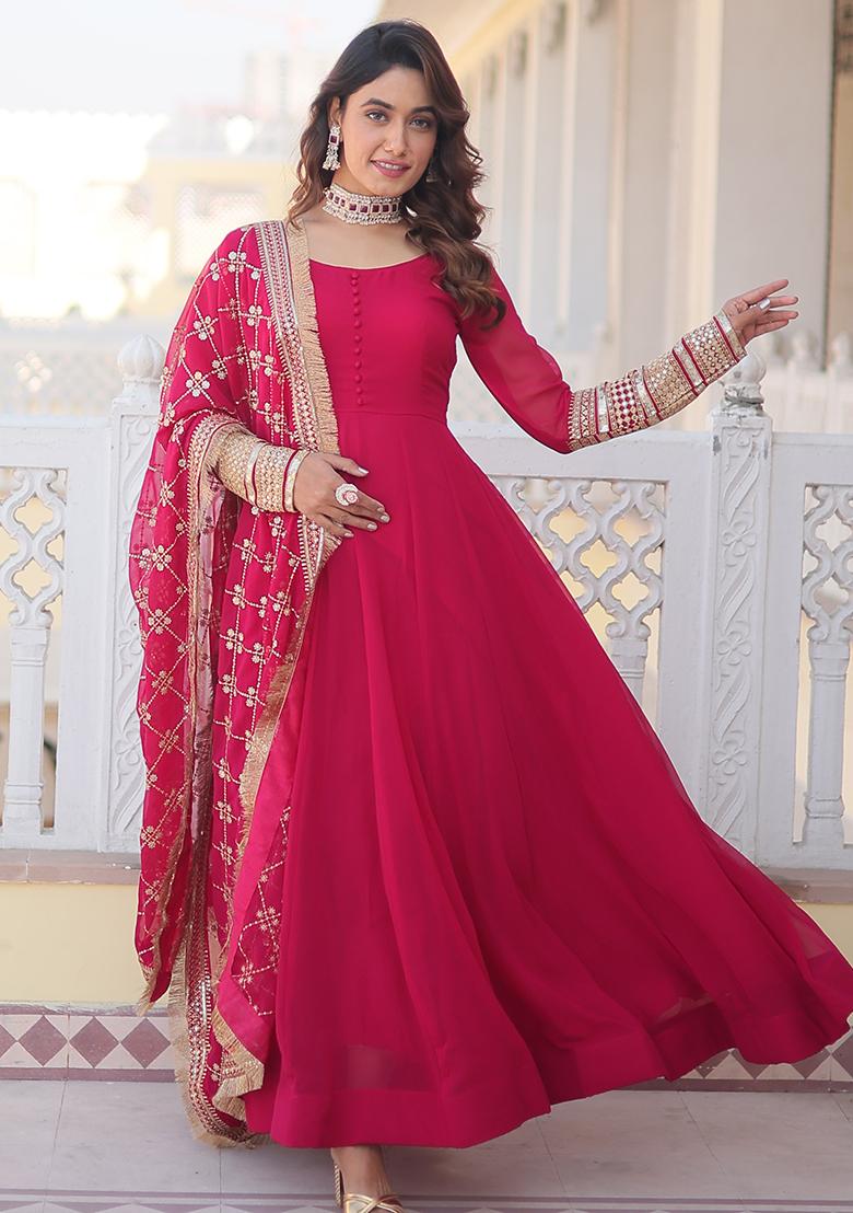 Pink Embroidered Faux Blooming Anarkali Dress - Indya
