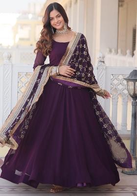 Wine Embroidered Faux Blooming Anarkali Dress