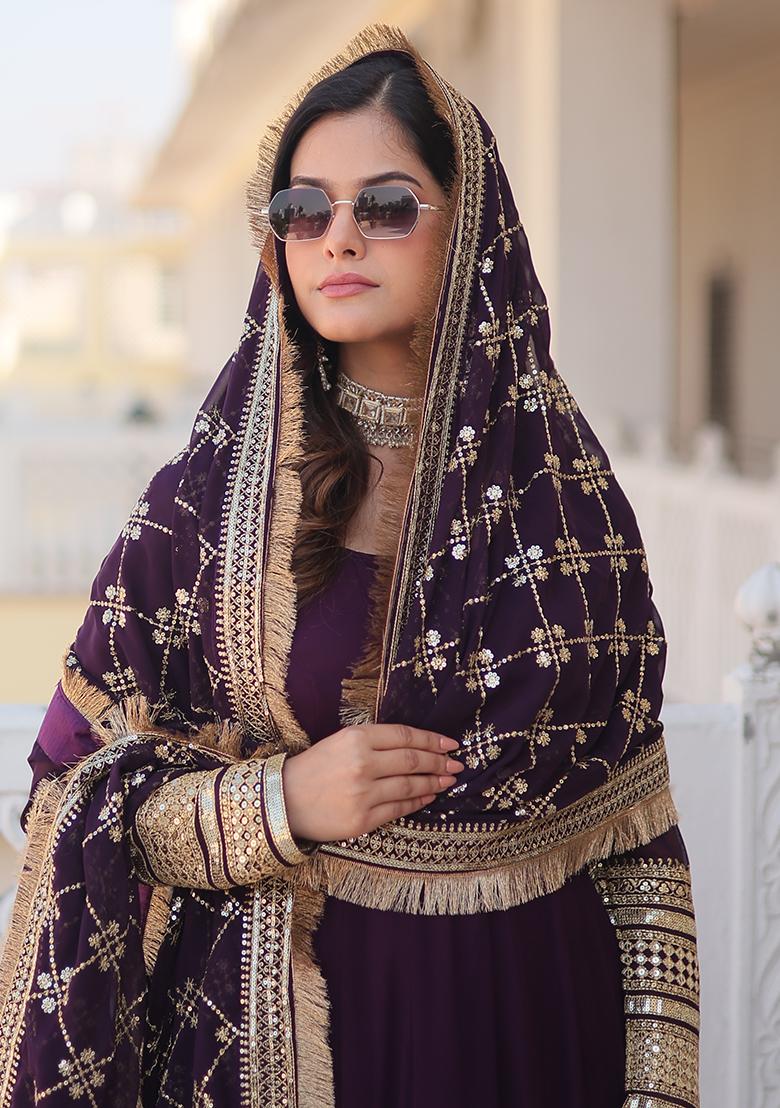 Wine Embroidered Faux Blooming Anarkali Dress - Indya