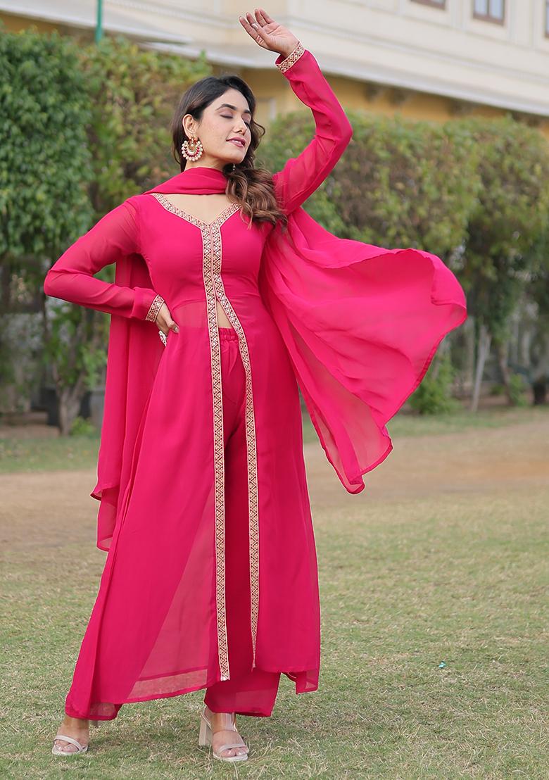 Pink Embroidered Faux Blooming Kurta Set With Dupatta - Indya