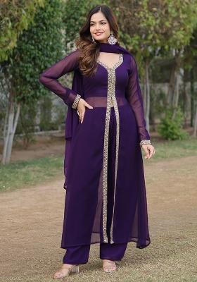 Wine Embroidered Faux Blooming Kurta Set With Dupatta