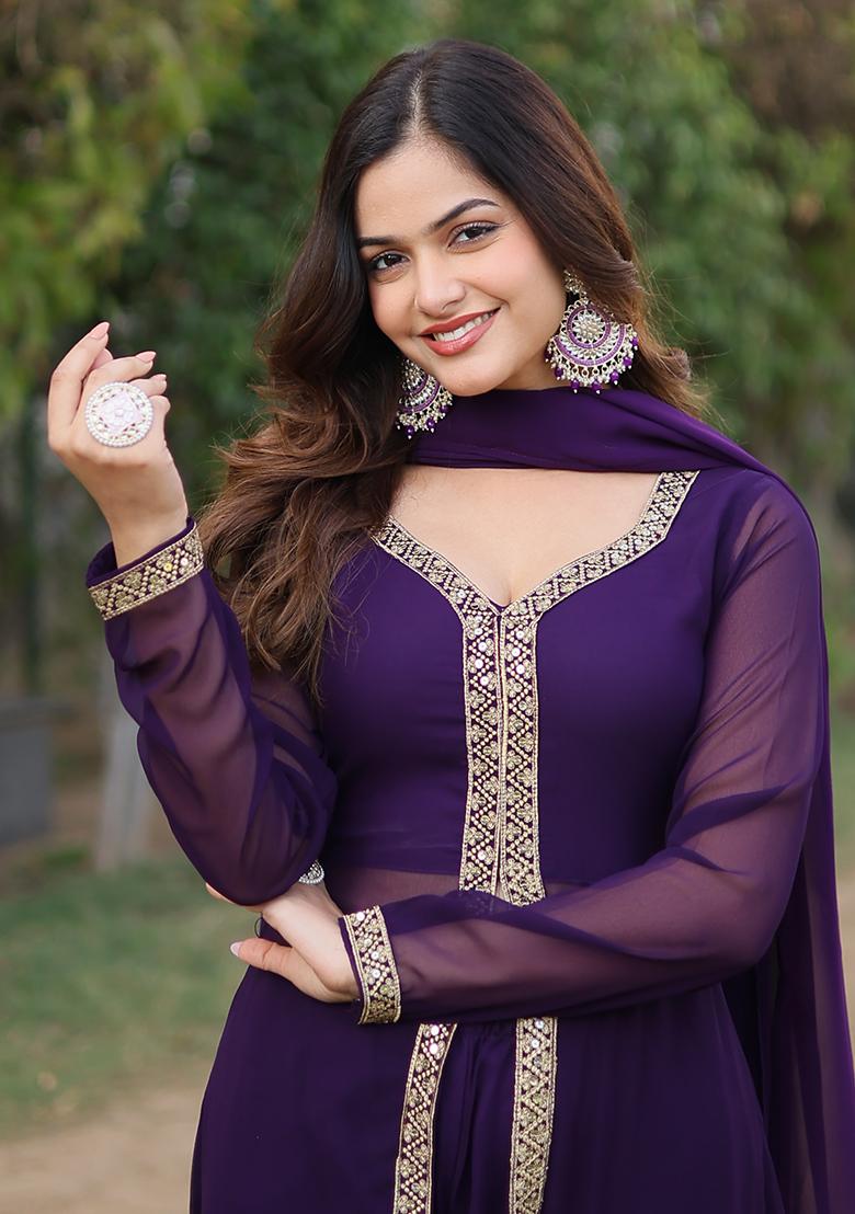 Wine Embroidered Faux Blooming Kurta Set With Dupatta - Indya