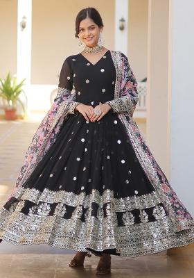 Black Embroidered Faux Georgette Anarkali Dress
