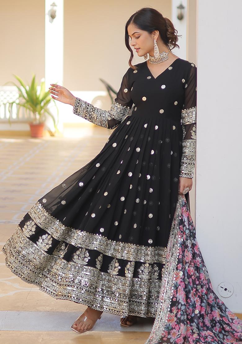 Black Embroidered Faux Georgette Anarkali Dress - Indya