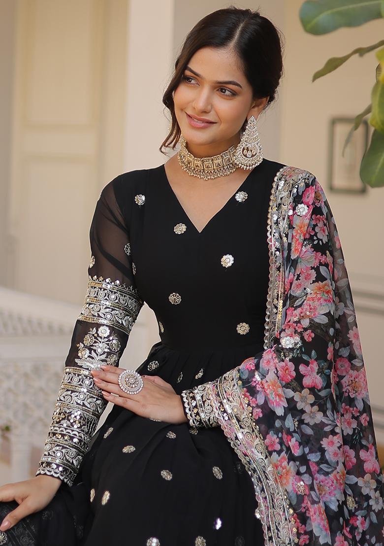 Black Embroidered Faux Georgette Anarkali Dress - Indya