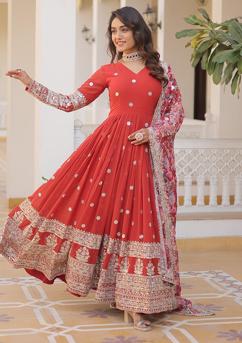 Orange Embroidered Faux Georgette Anarkali Dress - Indya