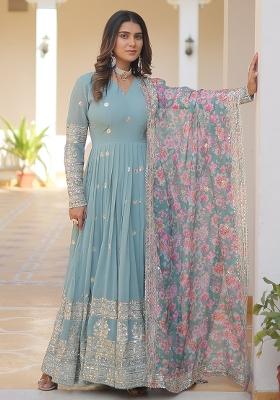 Sky Blue Embroidered Faux Georgette Anarkali Dress