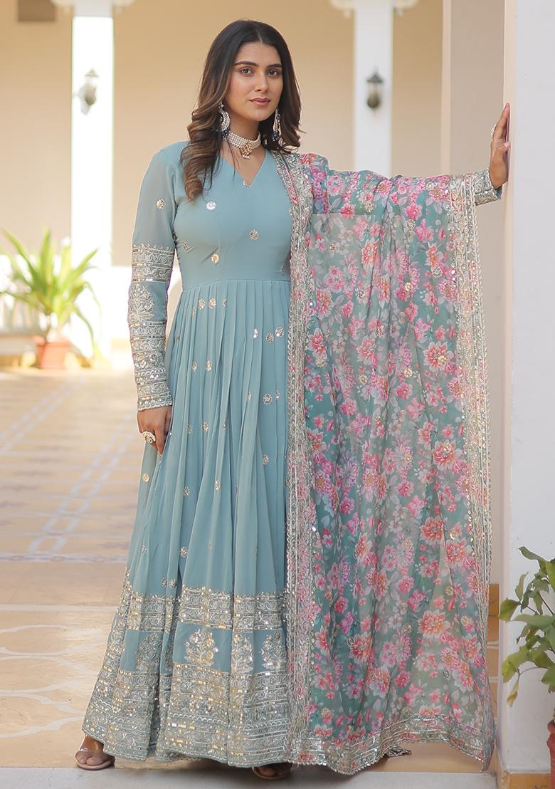 Sky Blue Embroidered Faux Georgette Anarkali Dress - Indya