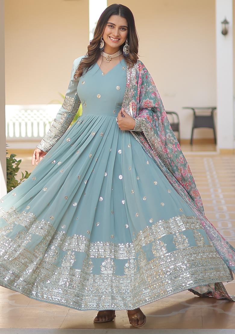 Sky Blue Embroidered Faux Georgette Anarkali Dress - Indya