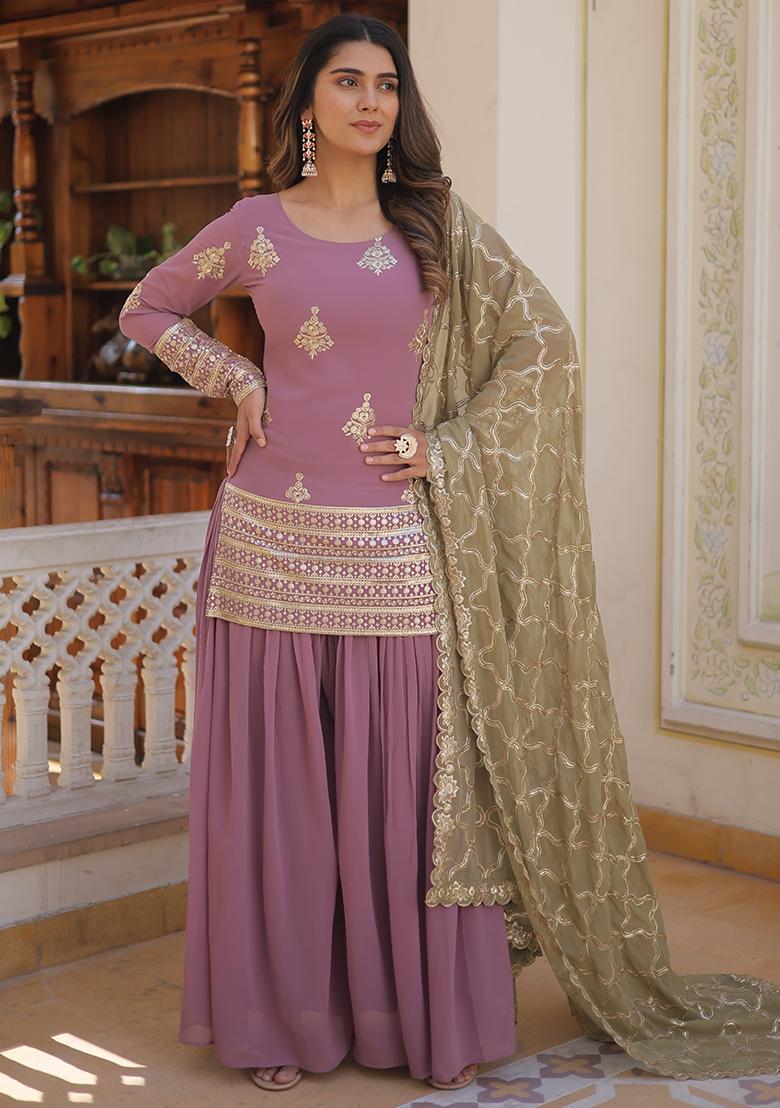 Onion Embroidered Faux Georgette Sharara Set With Dupatta - Indya