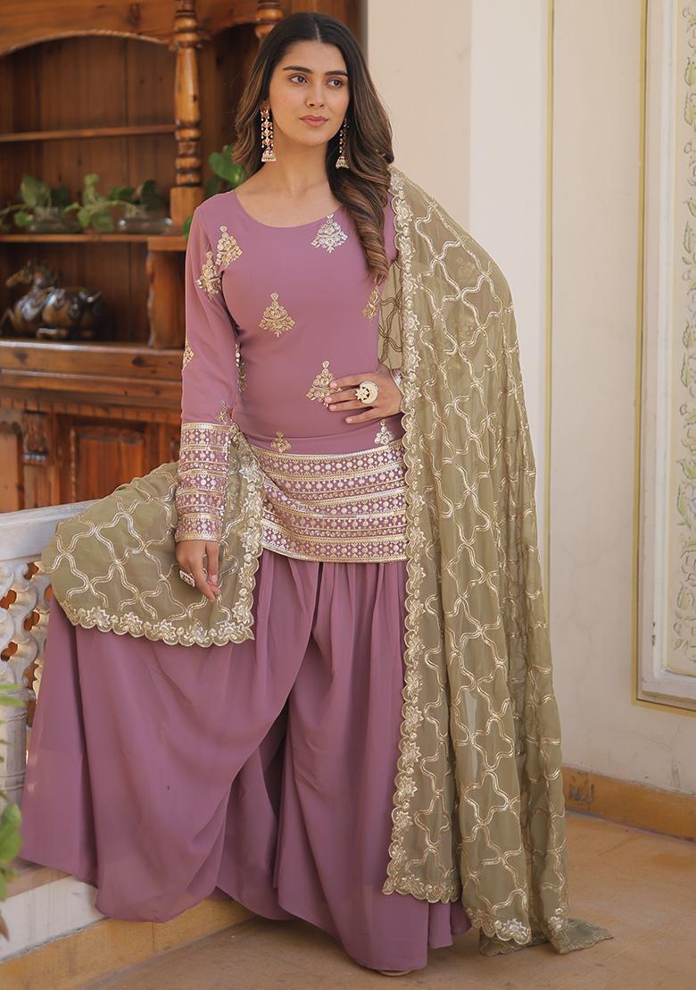 Onion Embroidered Faux Georgette Sharara Set With Dupatta - Indya