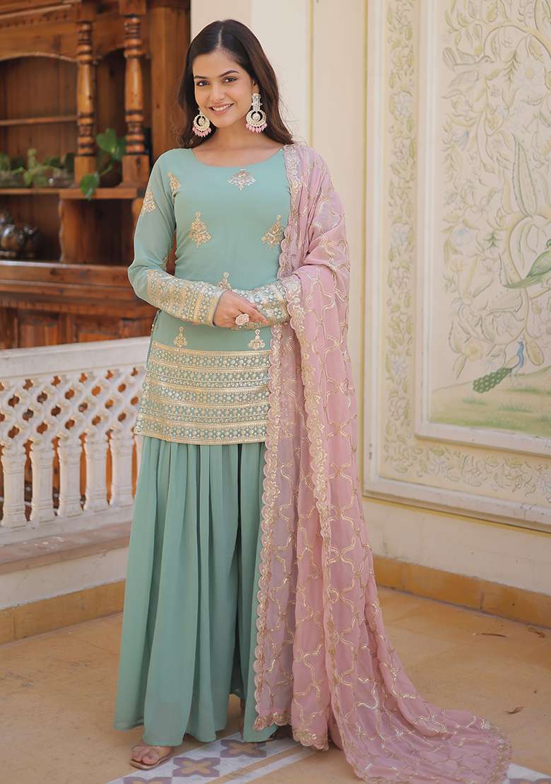 Sky Blue Embroidered Faux Blooming Sharara Set - Indya