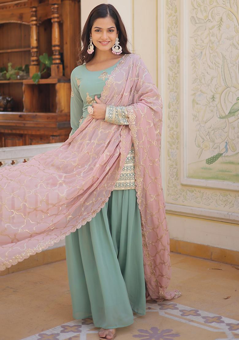 Sky Blue Embroidered Faux Georgette Sharara Set With Dupatta - Indya