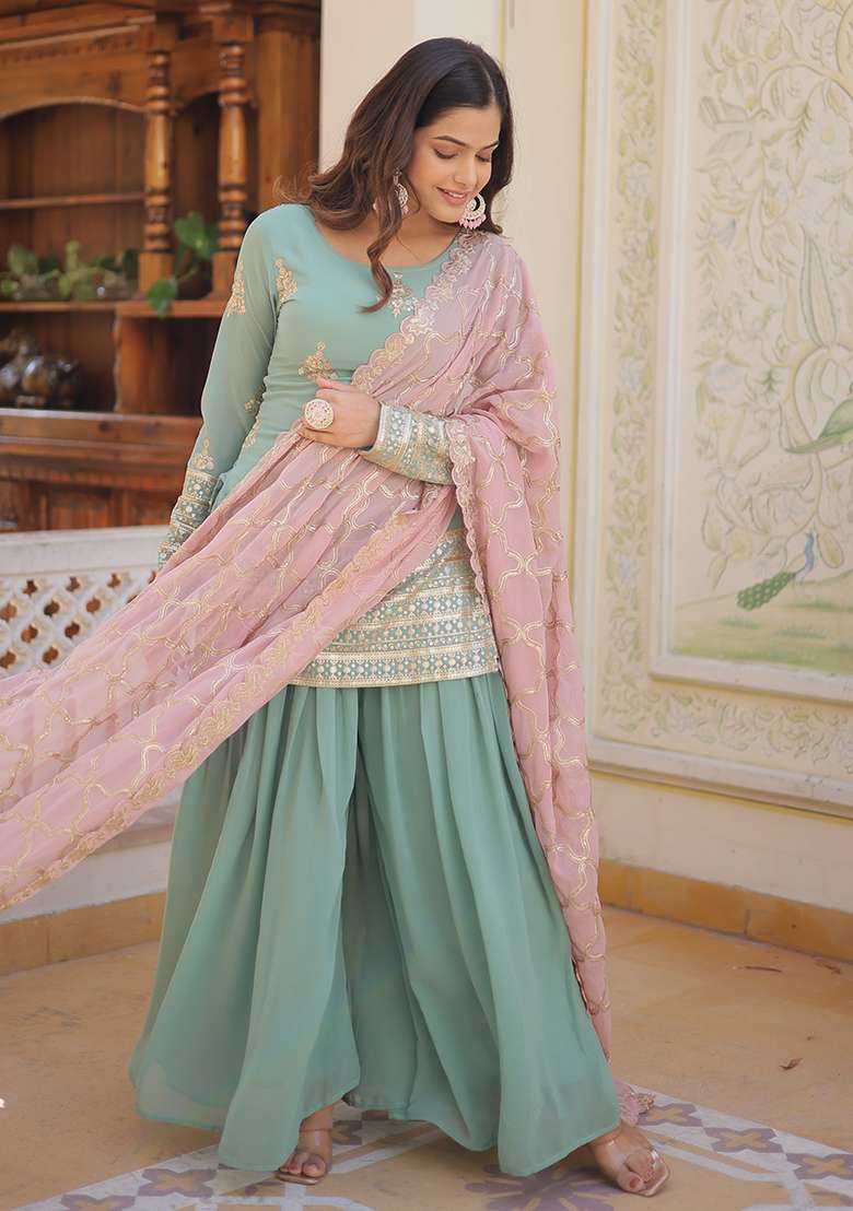 Sky Blue Embroidered Faux Blooming Sharara Set - Indya
